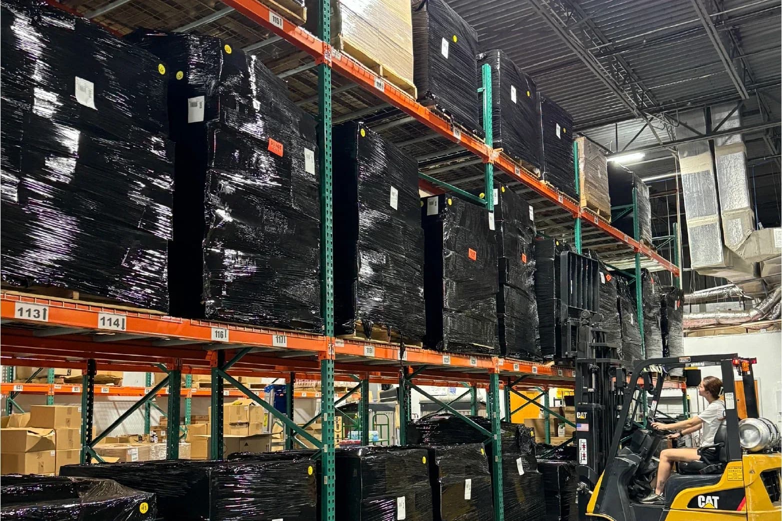 Racked and wrapped pallets ready for outbound at the DC Logistics US warehouse